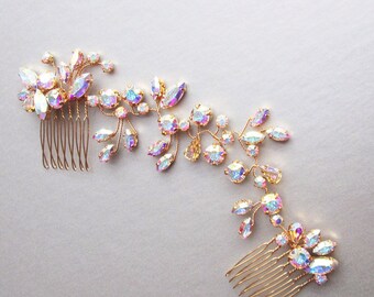 Iridescent Premium European Crystal bridal hair vine, Bridal hair comb, Wedding hair comb in rose gold, gold, silver, AB iridescent