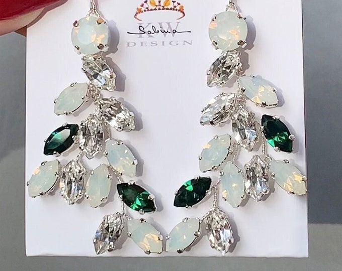 Emeralds and Opals Bridal crystal earrings, Crystal opal earrings, Leaf branch earrings, Wedding crystal gold earrings, green emeralds