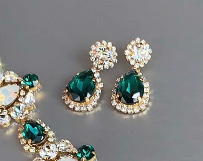 Green earrings, Emerald bridal earrings, Premium Quality European Crystal bridal earrings, Teardrop dangling Bridal rhinestone drop earrings