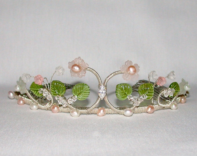 Bridal tiara with carved gemstones, Bridal crystal tiara headpiece, Wedding tiara, Swarovski crystal gemstone tiara, Pink bridal tiara