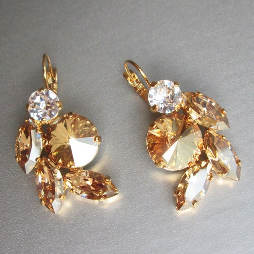 Champagne bridal crystal earrings, shops Crystal bridal earrings, Honey earrings, Bridal rhinestone earrings in gold or silver