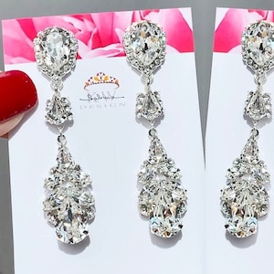 Bridal crystal earrings, Premium European Crystal bridal earrings, Teardrop dangling earrings, Bridal rhinestone drop earrings gold silver