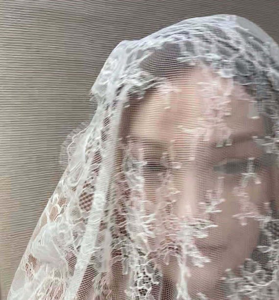 Lace veil in cathedral length with blusher, Delicate Chantilly lace veil long, two tier