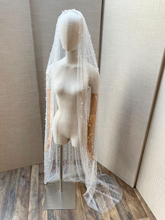 Pearl veil, Floor length wedding veil with scattered pearls, Pearly veil in different lengths, Bridal veil