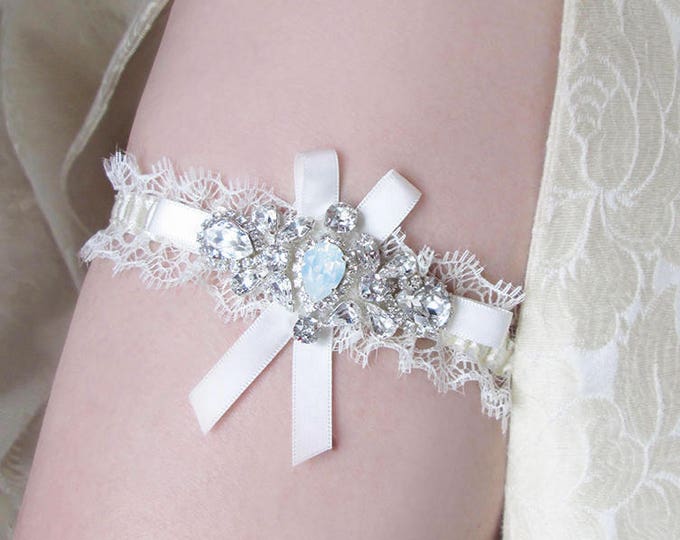 Opal bridal garter set, White opal bridal garter set, Wedding garter, Premium European Crystal bridal Rhinestone sparkly garter set