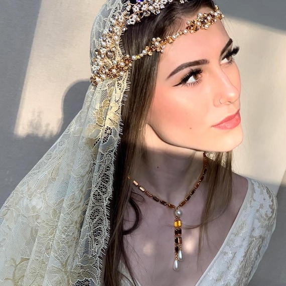 Champagne Mantilla veil, Chantilly lace gold veil adorned with crystal crown, Spanish Mantilla Vintage Style, Topaz Crystals