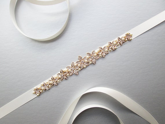 Bridal crystal and pearl belt, Wedding belt sash, Crystal rhinestone belt, Waist sash, Bridal satin pearl belt in gold or silver