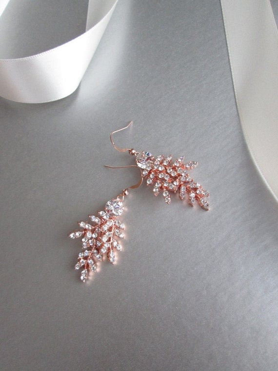 Rose gold bridal earrings, Crystal earrings, Bridal leaf earrings, Wedding earrings, Rhinestone earrings