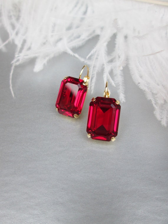 Siam red crystal emerald cut earrings, Red drop earrings, Bridesmaids drop earrings in gold, silver, rose gold