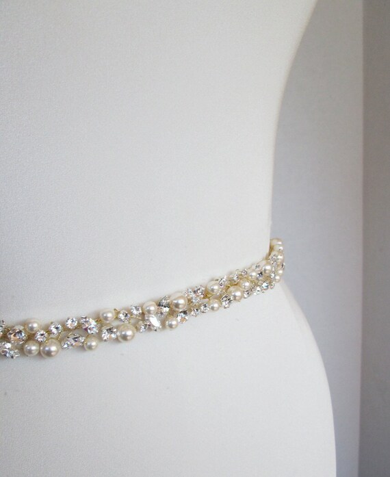 Bridal belt, Bridal belt, Pearls and crystal sash, Beaded rhinestone and pearl crystal waist sash, Petite crystal belt in gold or silver