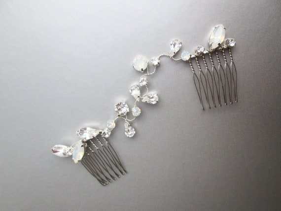 Opal and clear Crystal hair vine, Dainty crystal hair vine in gold, silver and rose gold, Bridal crystal comb vine with white opal