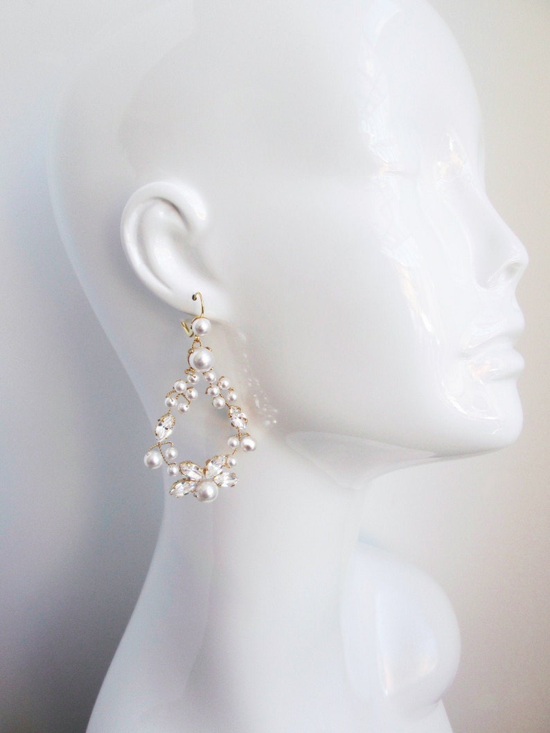 Bridal crystal earrings, Premium European Crystal pearl bridal earrings, Bridal rhinestone earrings in gold, silver, rose gold image 4