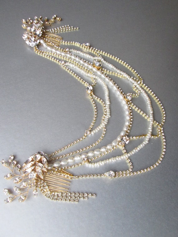 Bridal head chain, Bridal combs, Crystal and pearl bridal combs with swags, Wedding chain headpiece, Swag chain head piece
