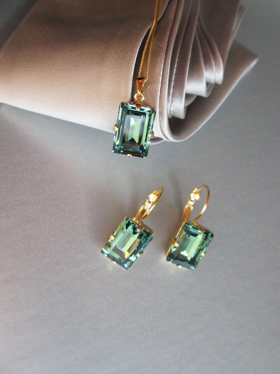 Green Erinite crystal bridal earrings and necklace set, Rhinestone earrings in gold, silver, rose gold, Wedding party earrings