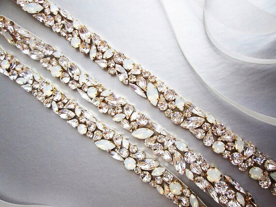 Opal bridal belt, Crystal sash, Beaded crystal white opal waist sash full length, Wedding belt belt in gold or silver, rose gold