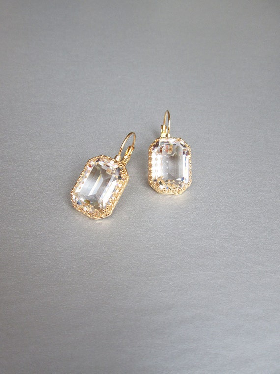 Transparent Premium Quality European Crystal bridal earrings, Emerald cut drop earrings,  Clear stone earrings in gold, silver, rose gold