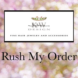 May include: A white and black logo with the text "KW Design" and the words "Fine Hair Jewelry and Accessories" below. The logo features a crown with flowers and a handwritten signature. The text "Rush My Order" is below the logo.