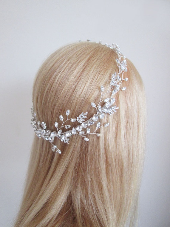 SALE - 50% OFF - Crystal circlet headband in silver, Bridal crystal halo headband, Wedding rhinestone branch and  leaf hair vine