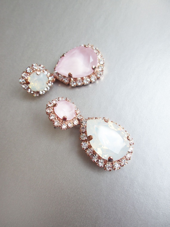 Pastel pink Bridal crystal earrings, White opal wedding earrings, Teardrop dangling earrings, Drop earrings gold, silver, rose