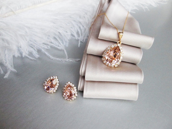 Vintage Rose crystal jewelry set, Blush Bridal earrings necklace set, Bridesmaids jewelry in gold, silver, rose gold