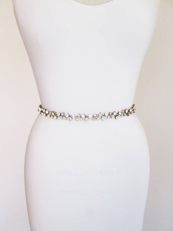 Bridal belt, Bridal belt in antique brass, Skinny bridal belt sash, Wedding belt, Floating crystal belt, crystal belt, Tarnished brass belt