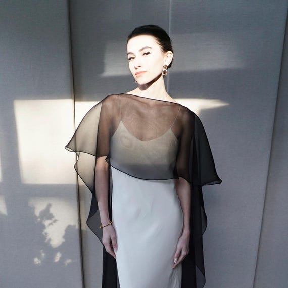 Silk Organza Cape, Black cape shawl, Waterfall Wedding Shoulder Cover, Special occasion bridal topper