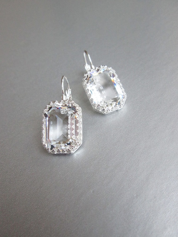 Transparent crystal bridal earrings, Emerald cut drop earrings, Clear stone earrings in gold, silver, rose gold, Wedding earrings