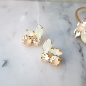 Pastel Ivory cream opal Bridal crystal earrings, Premium European Crystal earrings, Gold dangling earrings, Champagne ivory wedding studs