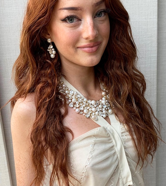 Large pearl necklace, Bridal and special occasion crystal pearl bib necklace, Fine cultured freshwater pearls and premium quality crystal