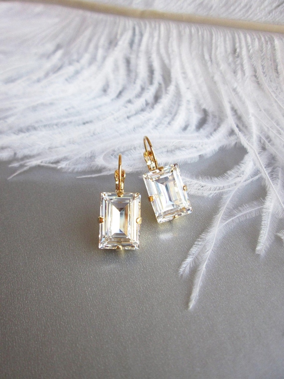 Step cut crystal bridal earrings, Drop earrings, Rhinestone earrings in gold, silver, rose gold, Wedding earrings