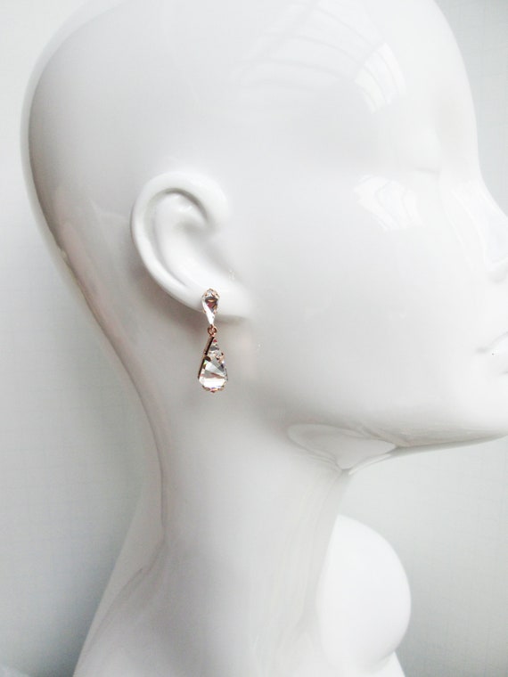 Rose gold crystal bridal drop earrings, Bridal dangling earrings, Wedding rhinestone drop earrings in gold, silver, Slim earrings