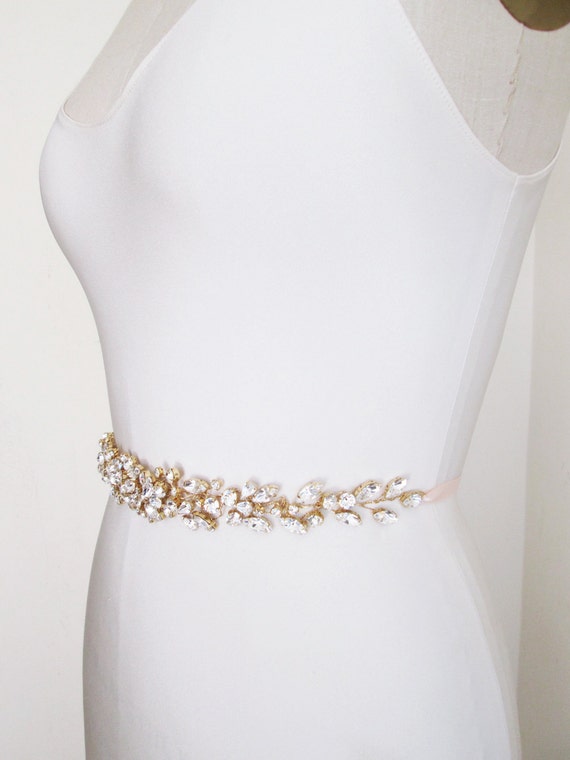 Bridal belt, Floating crystal belt, Bridal belt sash, Gold crystal sash, Wedding Sash, Ribbon sash, Rhinestone belt sash