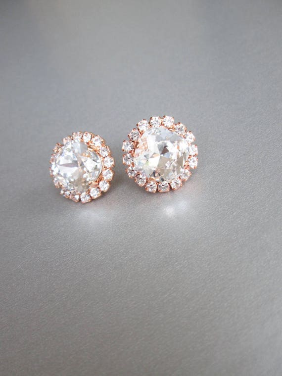 Rose gold crystal stud earrings, Crystal bridal earrings, Bridal rhinestone earrings, Wedding earrings in rose gold, gold, silver