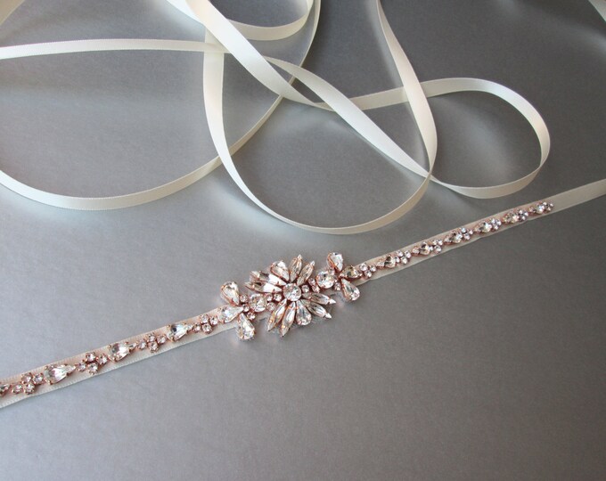 Bridal belt, Bridal Rose gold skinny belt, Skinny bridal belt sash, Crystal wedding belt, Rhinestone bridal belt, Skinny bridal belt sash