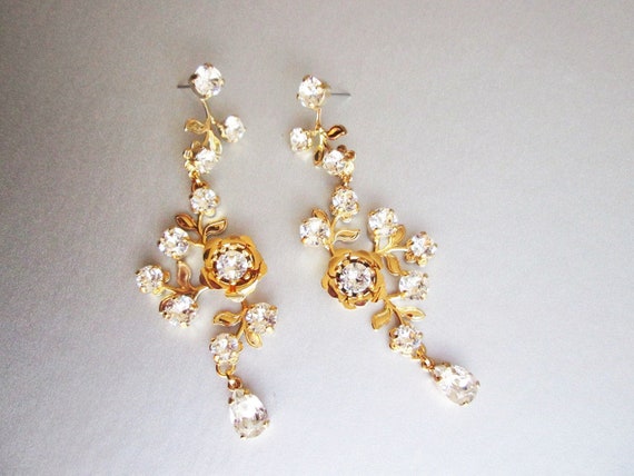 Statement Bridal earrings, Flower rose vine crystal earrings, Rhinestone earrings, Wedding floral long earrings in gold, silver, rose gold
