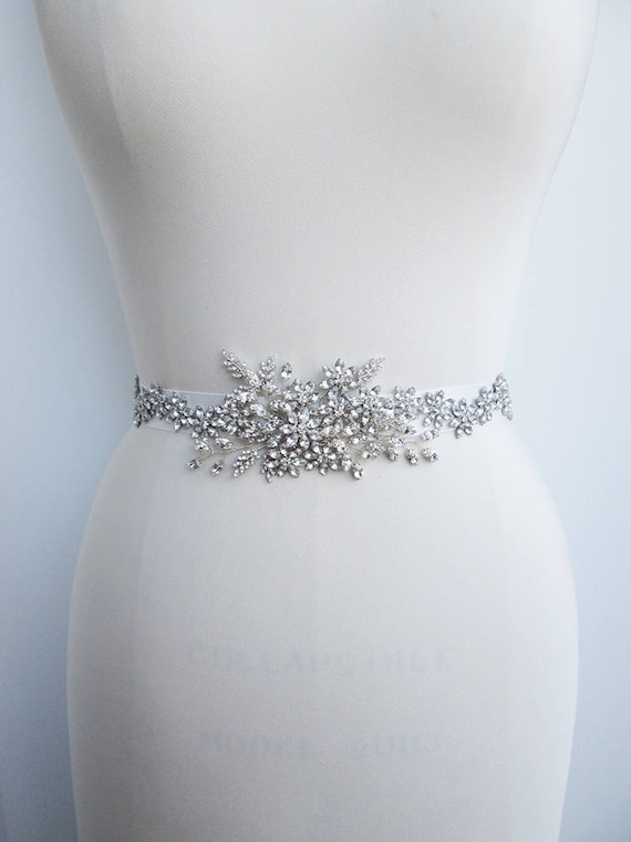 Bridal belt, Crystal floral belt, Wedding belt sash, Rhinestone bridal belt, Waist sash grosgrain belt, Bridal crystal belt, Off center belt