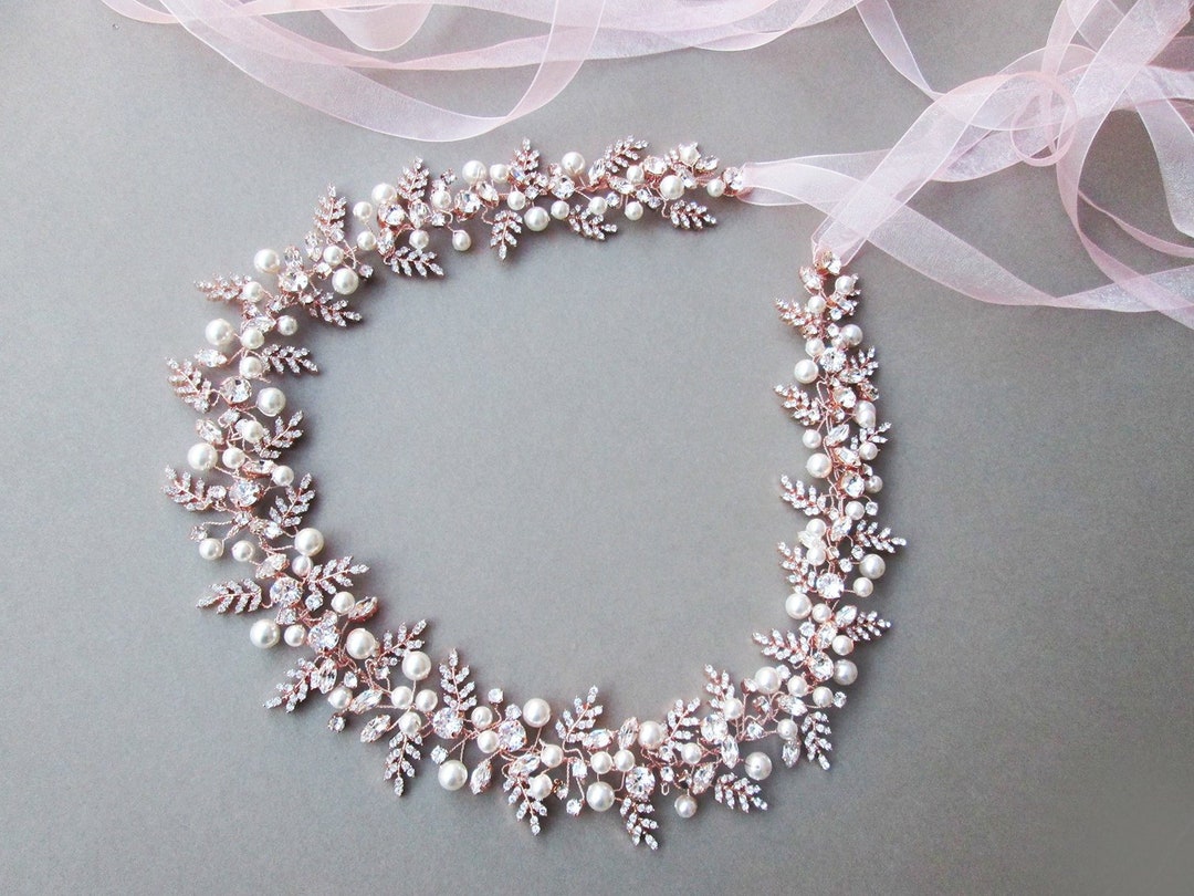 Rose Gold Rhinestone Pearl & Crystal Belt 36.25” Rose Gold Applique Opal Bridal Belt with Pearl and Crystal  main image 2