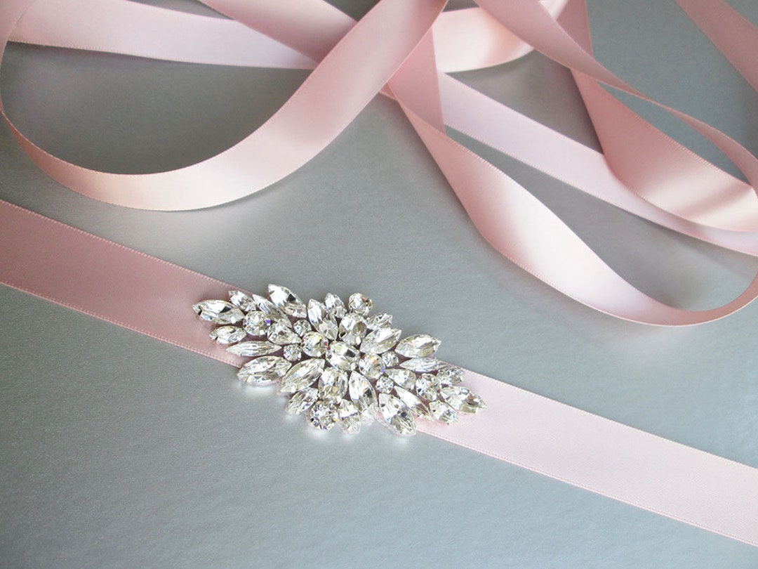 Blush Pink Bridal Belt Sash, Crystal Bridal Belt, Silver 