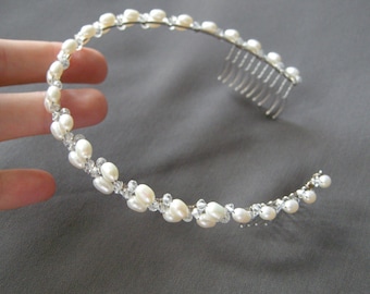 Bridal crystal headband, Crystal and freshwater pearl headband, bridal headband, Bridal headband with crystal and pearl