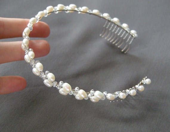 Bridal crystal headband, Crystal and freshwater pearl headband, bridal headband, Bridal headband with crystal and pearl