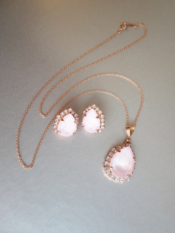 Powder Rose Premium European Crystal jewelry set, Bridal crystal earrings necklace set, Pink Bridesmaids jewelry in gold silver rose gold