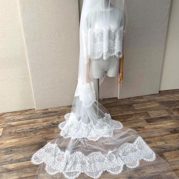 Lace veil, Soft Chantilly lace veil with blusher, Cascading Multi tiered veil