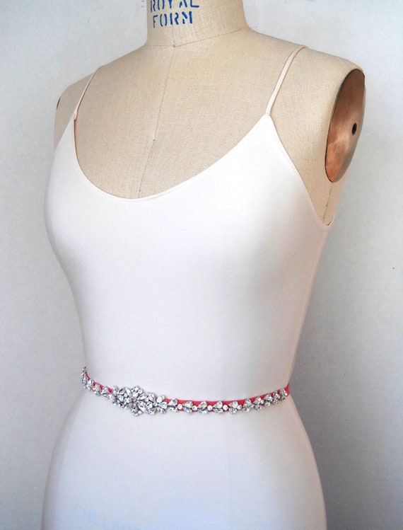 Hot pink crystal belt sash, Bridal belt sash, Wedding belt in silver, gold, rose gold, Bridal belt with silk sash in champagne or pink