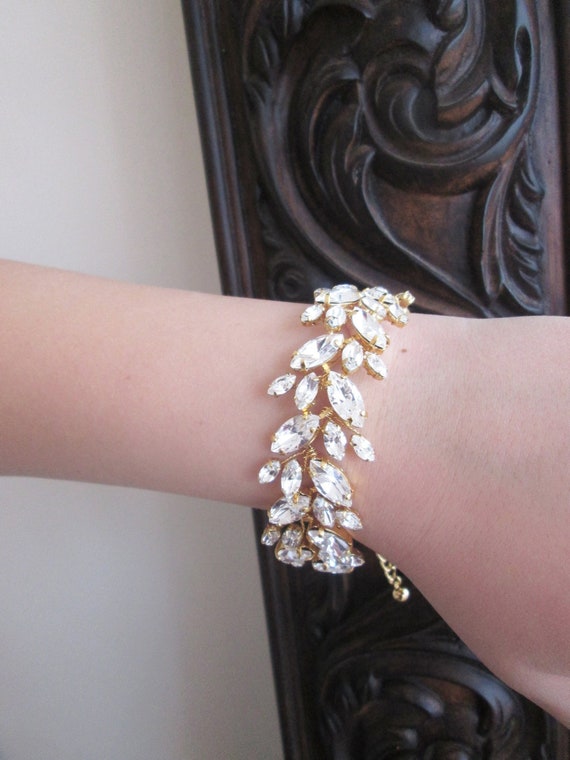 Premium Quality European Crystal bridal bracelet, Leaf vine bracelet, Wedding crystal rhinestone bracelet in gold, rose gold or silver