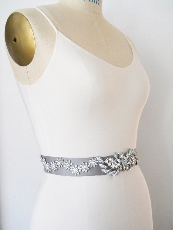 Bridal belt, Bridal crystal belt sash, crystal bridal belt , Platinum silver grosgrain belt, Wedding Rhinestone ribbon sash