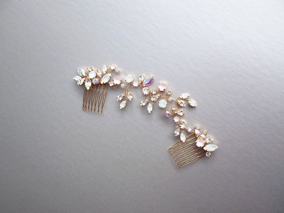 Iridescent crystal bridal hair vine, Bridal hair comb, Wedding hair comb in rose gold, gold, silver, Opal, pink, AB Premium European Crystal