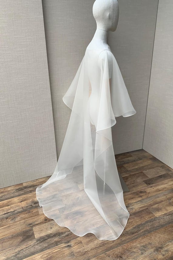 Silk cape bridal, wedding shoulder cover, fun bridal cape with train, 100% silk organza hand made
