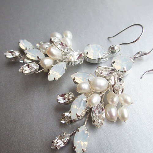 Bridal shops crystal and pearl earrings, Crystal bridal earrings, Leaf vine earrings, Bridal opal drop earrings in gold or silver