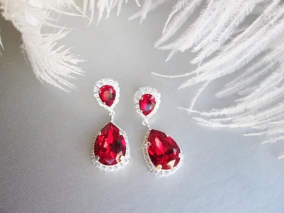 Ruby red Premium European Crystal earrings, Gift for her, Teardrop dangling earrings, Rhinestone drop earrings dark red, Siam red drops