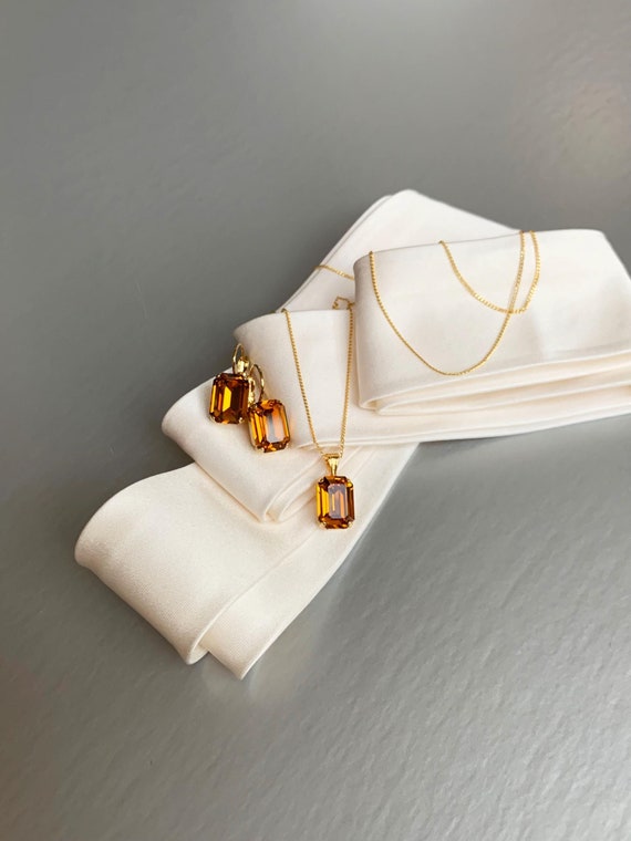 Topaz crystal jewelry set, Bridal crystal earrings necklace set, Warm yellow brown autumn color jewelry set in gold, silver, rose gold